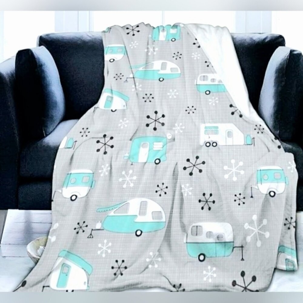 Retro Camper Trailer Fleece Throw Blanket Turquoise RV Cottage Cozy